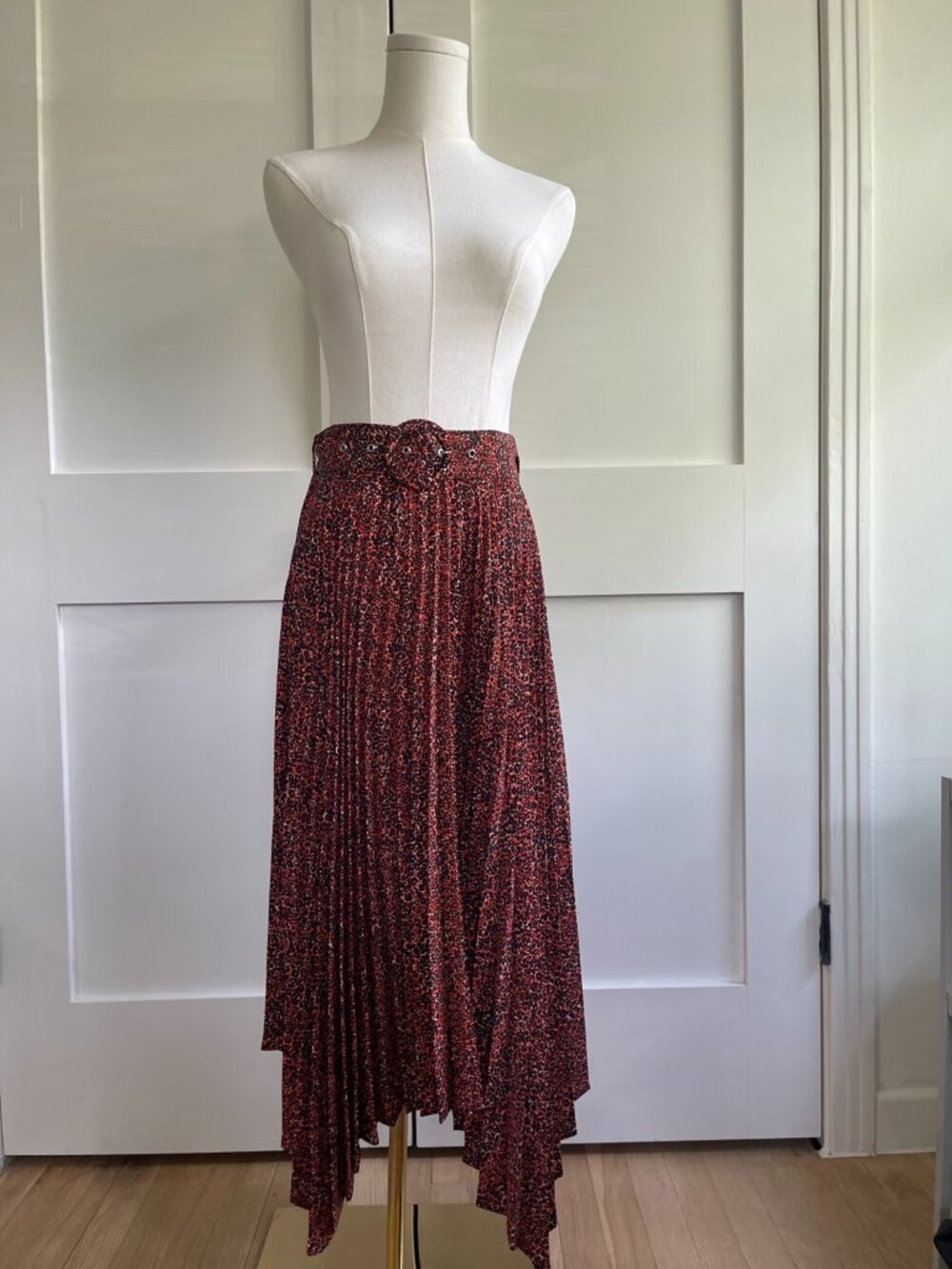 Topshop Rust Leopard Pleated Midi Skirt Belted Asymmetrical Hem Size 2